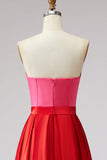 Red and Fuchsia Satin A Line Strapless Long Formal Dress