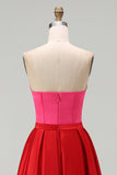 Red and Fuchsia Satin A Line Strapless Long Formal Dress