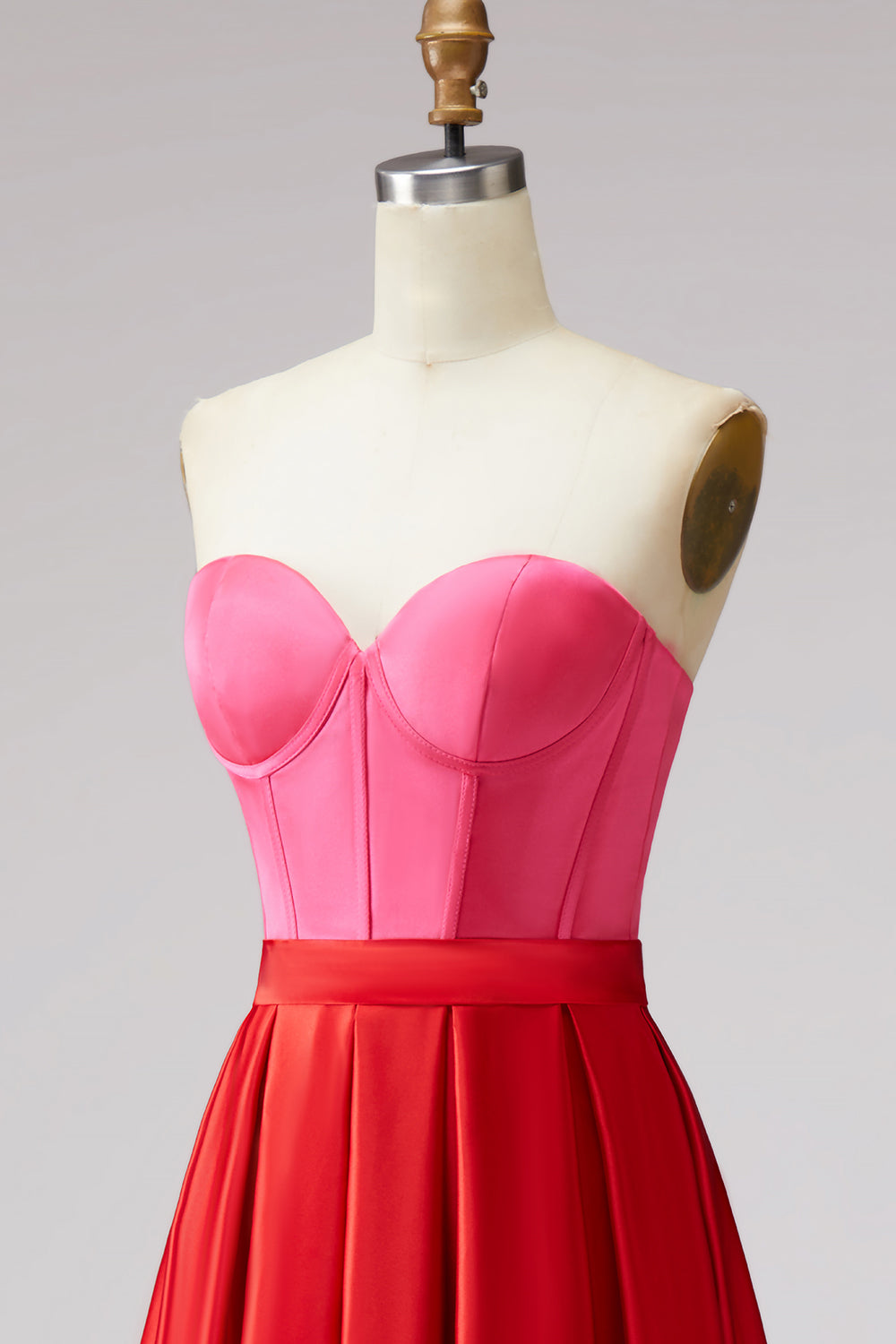 Red and Fuchsia Satin A Line Strapless Long Formal Dress