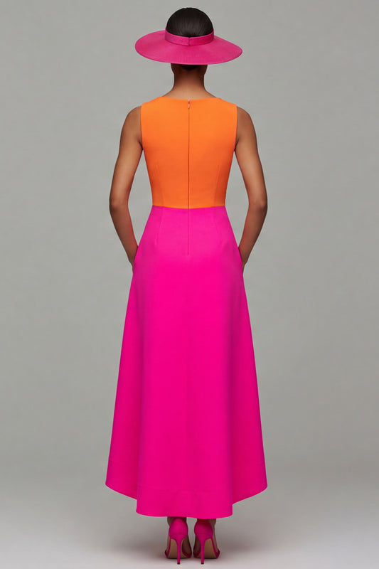 Orange and Fuchsia Deep V-Neck Long Formal Dress with Bow