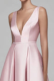 Pink and Navy Satin A Line Patchwork Long Formal Dress