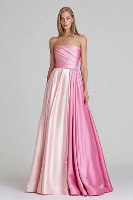Pink Satin Strapless Patchwork A Line Long Formal Dress