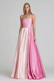Pink Satin Strapless Patchwork A Line Long Formal Dress