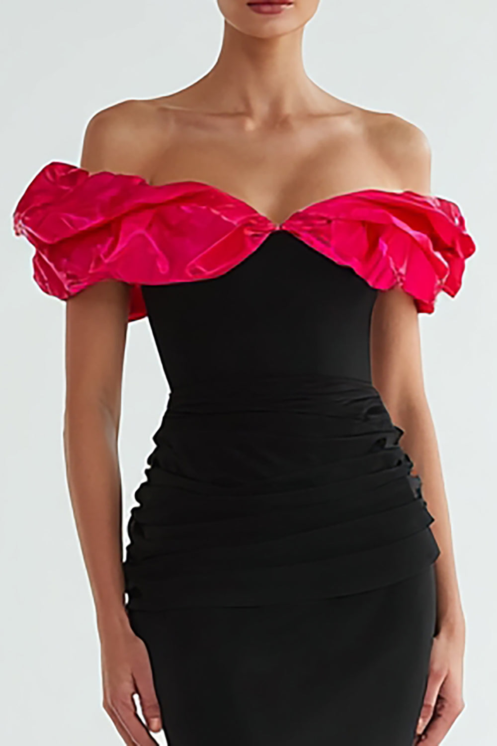Zapaka Women Black and Fuchsia Mermaid Ruffled Formal Dress Off the Shoulder Long Evening Dress, Black Fuschia / US18W