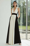 Black and White V-Neck Patchwork Long Formal Dress with Pockets