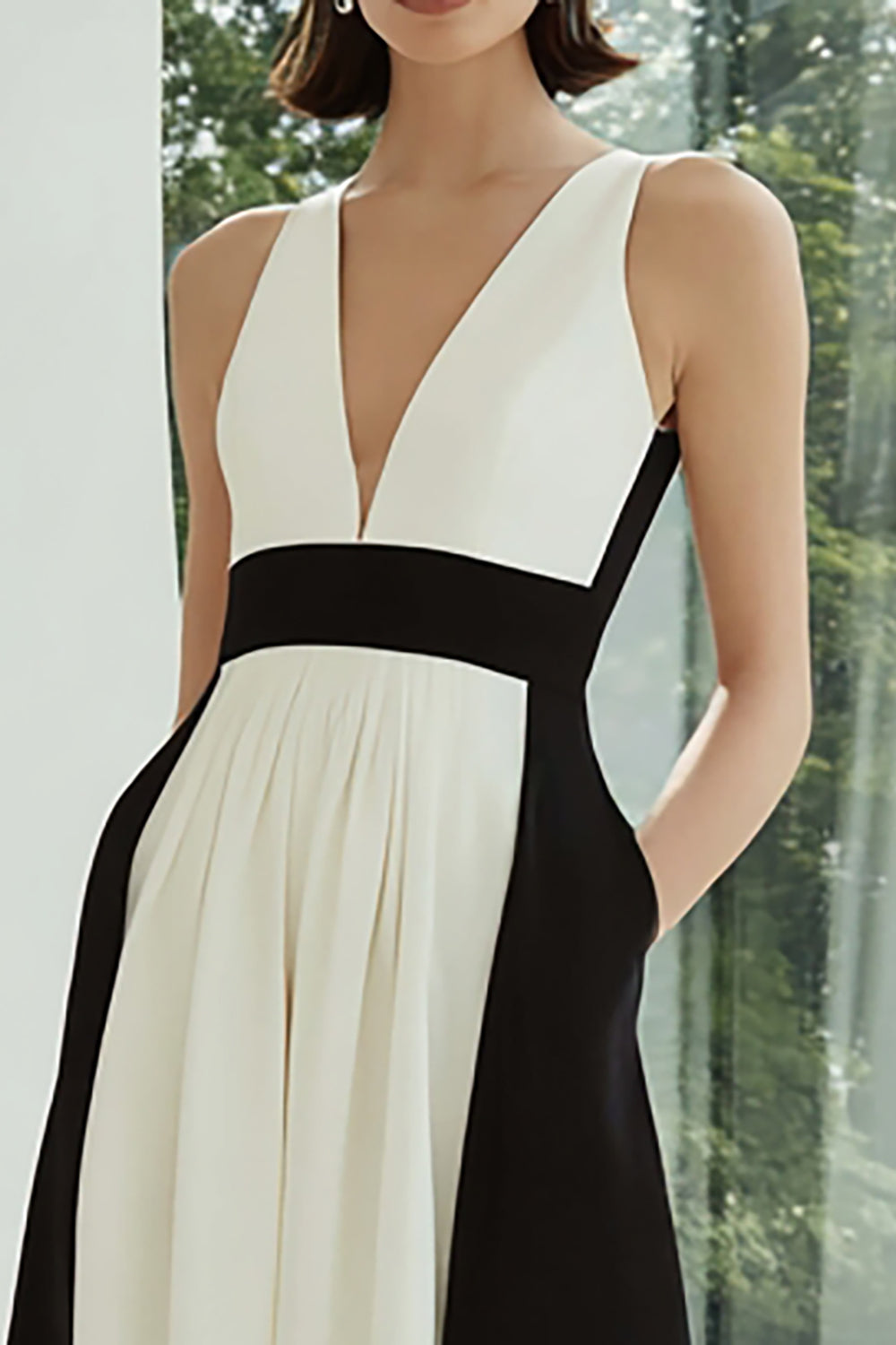 Zapakasa Women Black and White Long Formal Dress with Pockets V-Neck A
