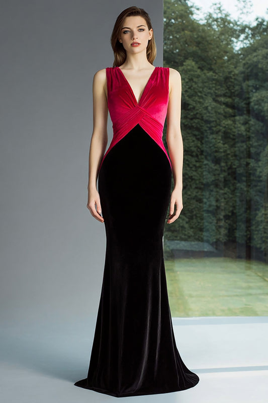 Black and Fuchsia Mermaid V-Neck Long Formal Dress