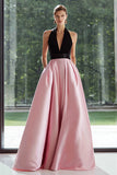 Black and Pink Satin A Line Long Formal Dress with Pockets