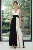 Black and White V-Neck Patchwork Long A Line Formal Dress