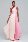 Pink One Shoulder A Line Chiffon Long Formal Dress with Pleats