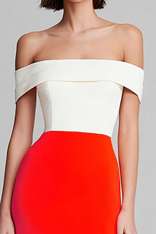 Simple Ivory and Orange Off the Shoulder Sheath Long Formal Dress