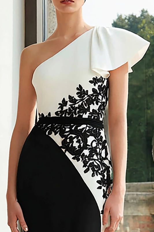 Black and White Mermaid Patchwork Long Formal Dress with Appliques