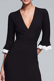 Black and White V-Neck Ruffled Tiered Long Formal Dress with Sleeves