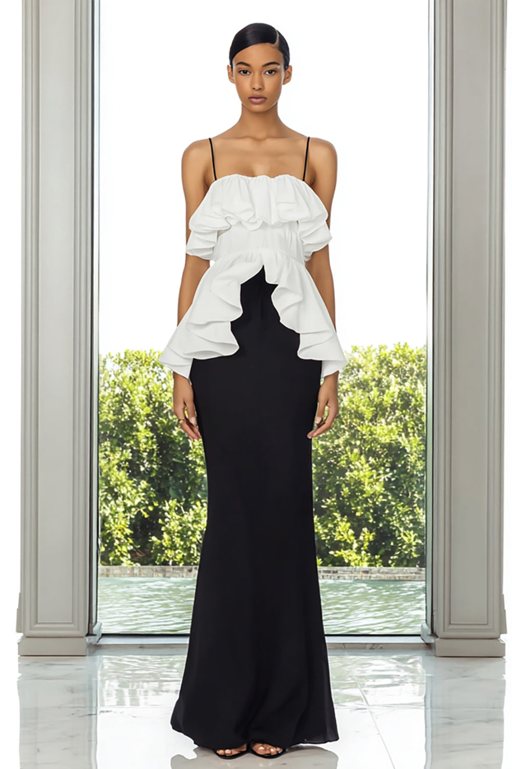 Black and White Spaghetti Straps Long Formal Dress with Ruffles