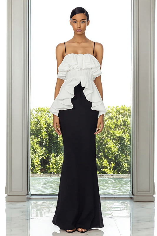 Black and White Spaghetti Straps Long Formal Dress with Ruffles