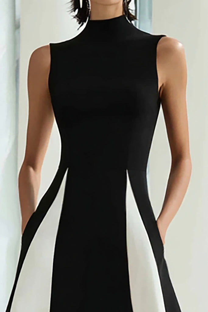 Zapakasa Women Black and White Satin Long Formal Dress with Pockets A