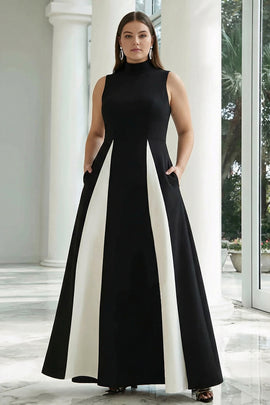 Plus Size Black and White High Neck A Line Long Formal Dress