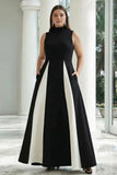 Plus Size Black and White High Neck A Line Long Formal Dress