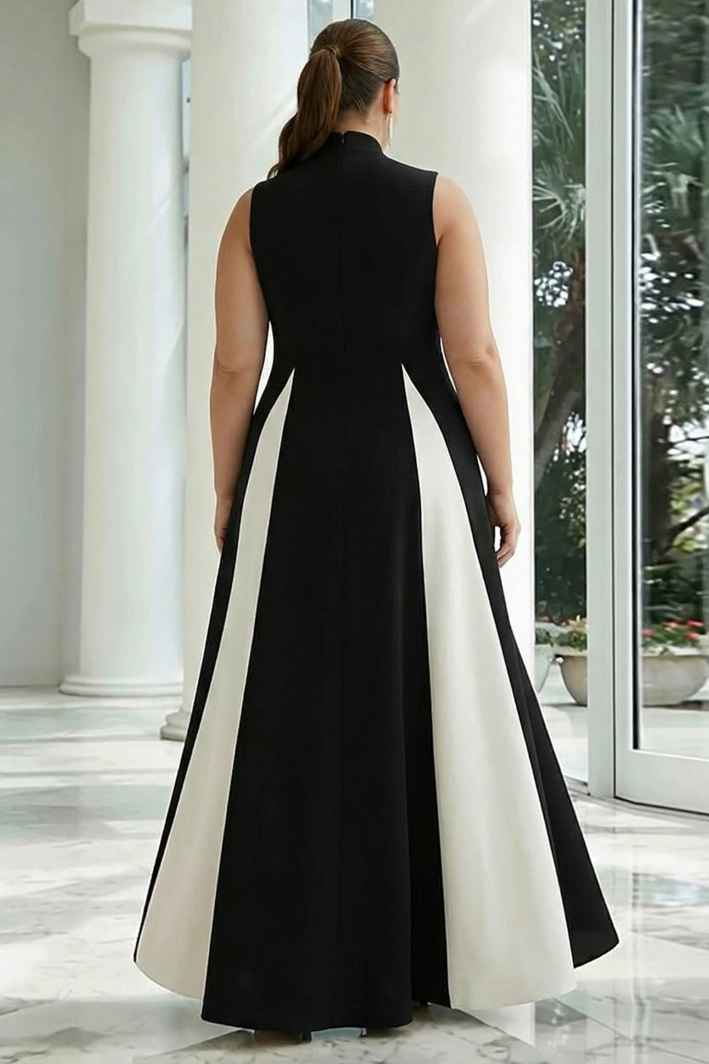 Zapakasa Women Black and White Satin Long Formal Dress with Pockets A
