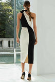 Simple Black and White Sheath Patchwork Midi Formal Dress