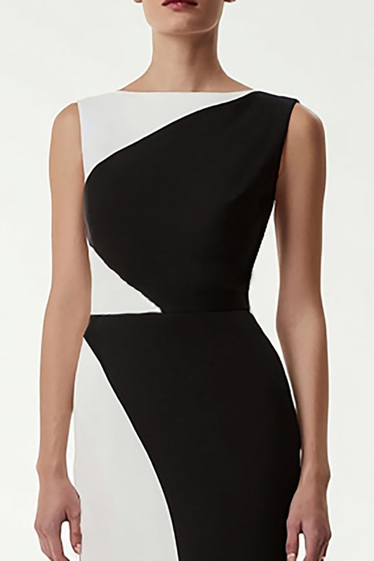 Black and White Sheath Bateau Neck Patchwork Long Formal Dress