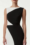 Black and White Sheath Bateau Neck Patchwork Long Formal Dress