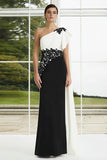 Black and White One Shoulder Appliqued Long Formal Dress with Side Cape