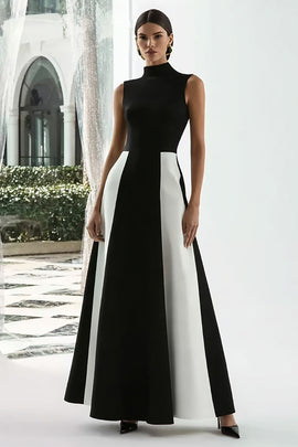 Black and White High Neck Patchwork A Line Long Formal Dress