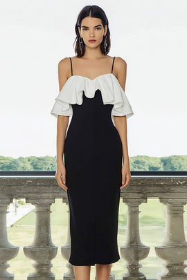 Zapaka Women Black and White Bodycon Formal Dress Cold Shoulder Ruffled Midi Evening Dress, Black White / US20W Zapaka Women Black and White Bodycon Formal Dress Cold Shoulder Ruffled Midi Evening Dress, Black White / US20W