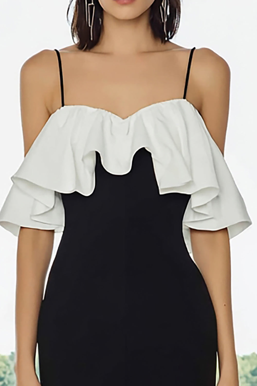 Zapakasa Women Black and White Satin Midi Formal Dress with Ruffles Cold Shoulder Pencil Semi-Formal Dress Zapakasa Women Black and White Satin Midi Formal Dress with Ruffles Cold Shoulder Pencil Semi-Formal Dress