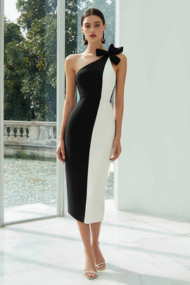 Black and White Pencil Patchwork Midi Formal Dress with Bow