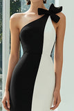 Black and White Pencil Patchwork Midi Formal Dress with Bow