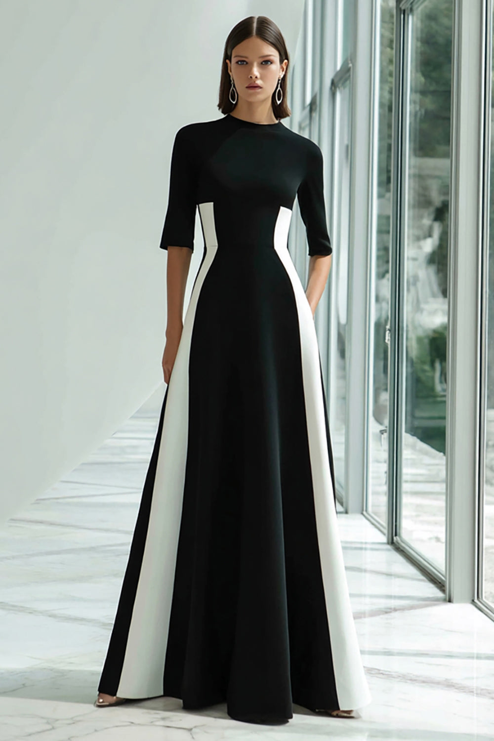 Zapaka Women A-Line Scoop Neck Formal Dress Black and White Half Sleeve Long Evening Dress, Black White / US4