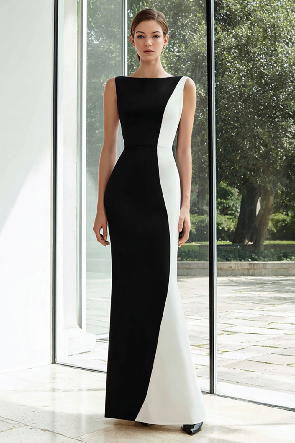 black and white evening dress Zapaka Women Bateau Neck Formal Mermaid Sleeveless Long Dress, Black White / US16W Waist:W-38 or black MD Sequin Bodice A-line Slit