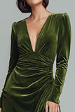 Olive Sheath Velvet Ruched V-Neck Long Sleeves Holiday Party Dress with Slit