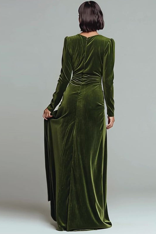 Olive Sheath Velvet Ruched V-Neck Long Sleeves Holiday Party Dress with Slit