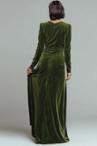 Olive Sheath Velvet Ruched V-Neck Long Sleeves Holiday Party Dress with Slit