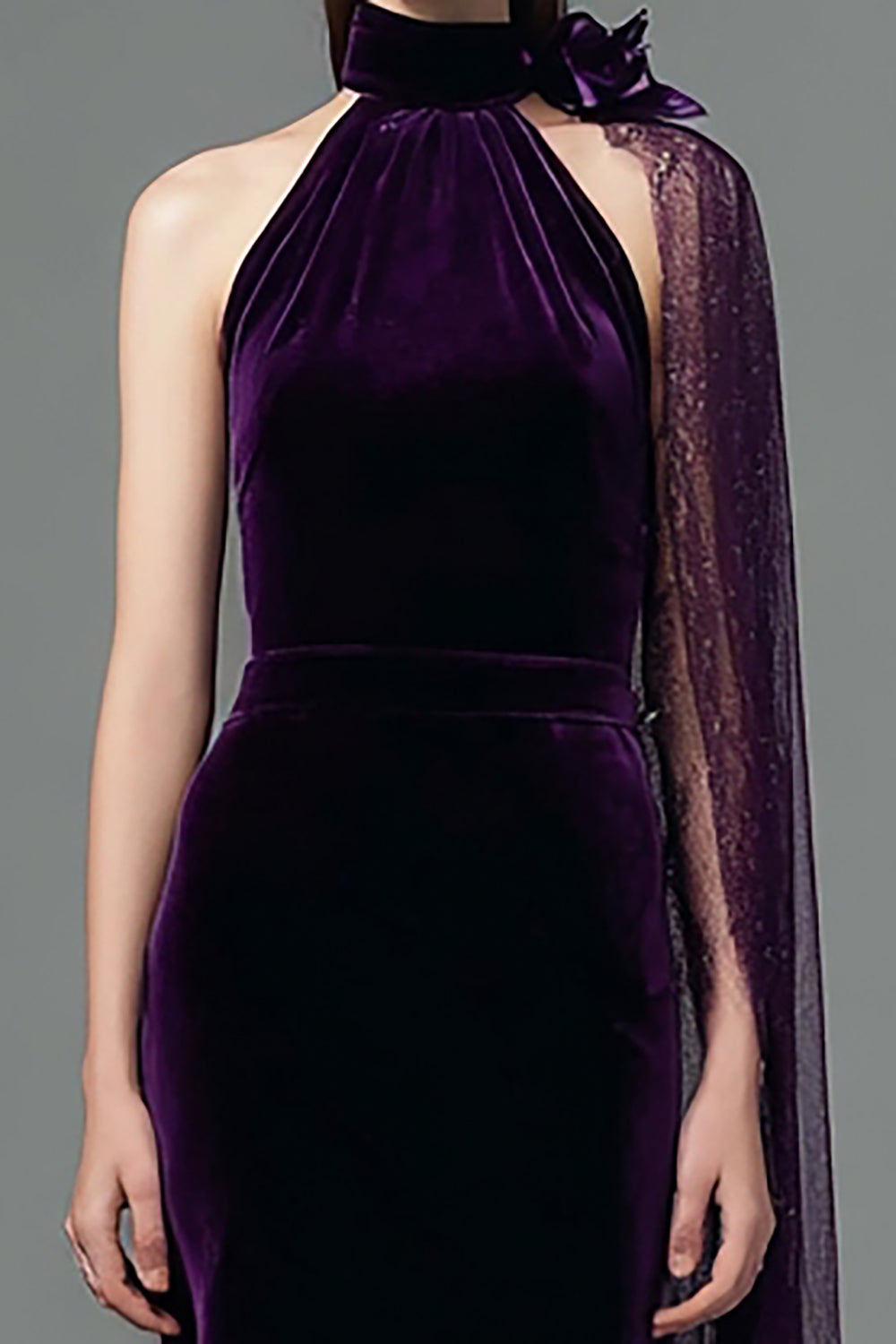 Zapakasa Women Plum Velvet Long Holiday Party Dress with Side Cape Mermaid High Neck Formal Dress with 3D Flower Zapakasa Women Plum Velvet Long Holiday Party Dress with Side Cape Mermaid High Neck Formal Dress with 3D Flower