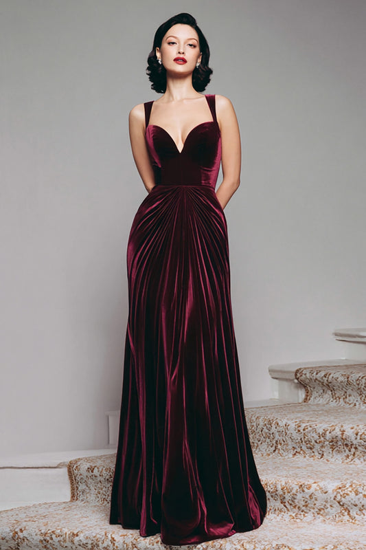 Burgundy Velvet Mermaid Thick Straps Ruched Long Holiday Party Dress