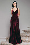 Burgundy Velvet Mermaid Thick Straps Ruched Long Holiday Party Dress