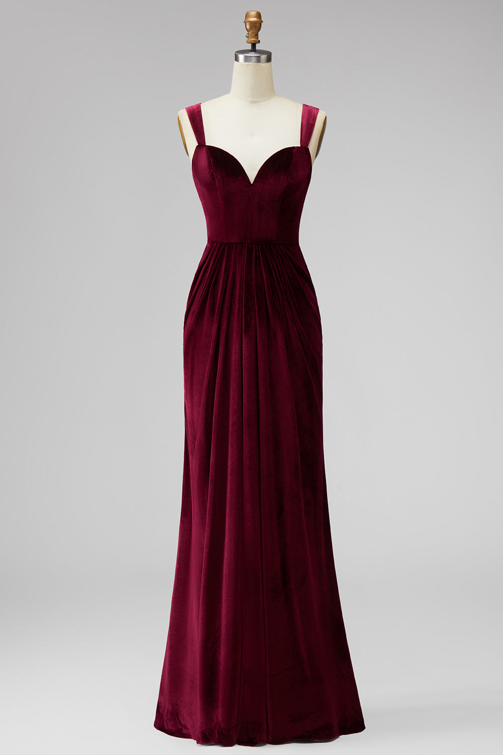 Burgundy Velvet Mermaid Thick Straps Ruched Long Holiday Party Dress