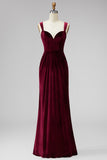 Burgundy Velvet Mermaid Thick Straps Ruched Long Holiday Party Dress