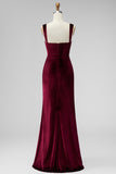Burgundy Velvet Mermaid Thick Straps Ruched Long Holiday Party Dress