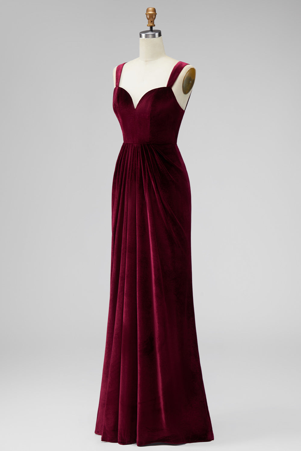 Burgundy Velvet Mermaid Thick Straps Ruched Long Holiday Party Dress