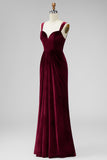 Burgundy Velvet Mermaid Thick Straps Ruched Long Holiday Party Dress
