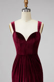 Burgundy Velvet Mermaid Thick Straps Ruched Long Holiday Party Dress