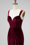 Burgundy Velvet Mermaid Thick Straps Ruched Long Holiday Party Dress