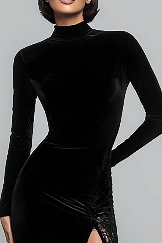 Black Velvet Mermaid High Neck Long Sleeves Holiday Party Dress with Slit