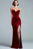 Burgundy Velvet Mermaid Long Holiday Party Dress with Slit
