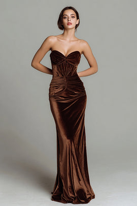 Brown Velvet Mermaid Strapless Long Corset Holiday Party Dress